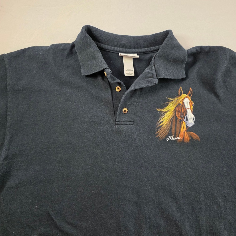 Vintage Y2K Mens Black Horse Graphic Polo Shirt Size Large Equestrian Western‎